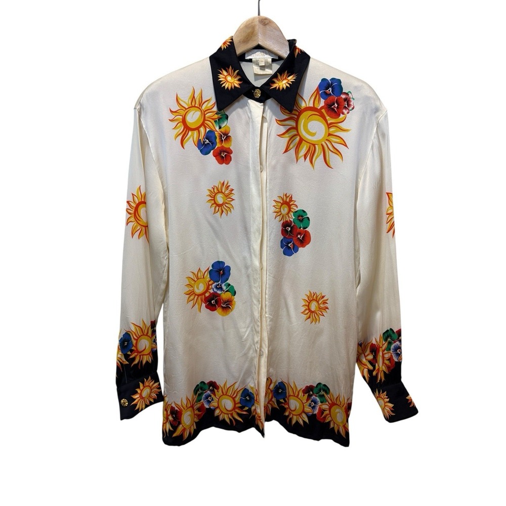 Vtg. Escada Silk Button Up Blouse Shirt Sun Clock Print Sz 38 Luxury Designer